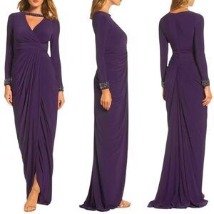 Adrianna Papell Beaded V-Neck Long Sleeve Jersey Maxi Gown Dress Purple 2 NEW